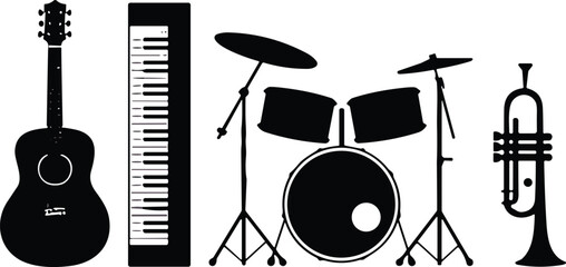 Musical instrument silhouette set featuring acoustic guitar, piano keyboard, drum kit, and trumpet, black vector icons for music performance, bands, and concerts. © Shilpi