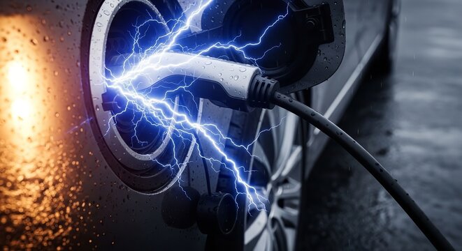 An electric car being charged with a bright blue lightning bolt