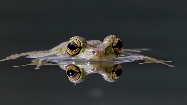 Breathing frog making tiny head adjustments at pond surface, creating concentric mirror ripples