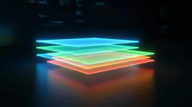 Dynamic animation of multiple vibrant, translucent rectangular layers stacking up in a dark environment. Represents data, information, or digital processes.