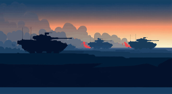 Silhouette illustration of military tanks in a war crisis scene with a conflict background design at sunset, conveying a geopolitical tension vector and economic collapse concept.
