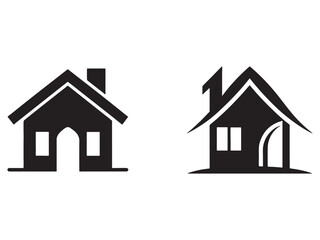 Fototapeta premium Simple house icons with chimney and windows on white background two black house silhouettes