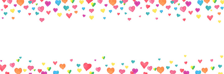 Valentines Day frame with watercolor hand drawn heart. Bright confetti falling on white background. Women Day banner. Celebration bg. 8 March card. Wedding invitation border. Vector illustration