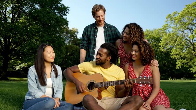 Diverse friends enjoy a sunny day in the park, with one playing guitar and others laughing and smiling.
