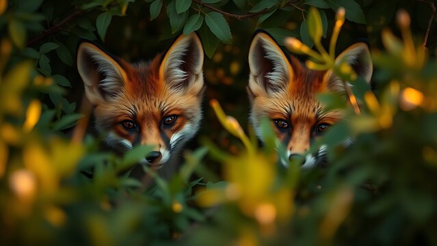 nitroglycerin. Two foxes peeking through dense foliage with playful expressions in golden light. wildlife magazines, conservation campaigns, designed for wildlife conservation campaigns.