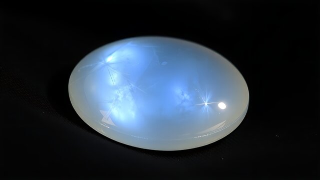 culpability. A moonstone gemstone glowing softly on dark fabric, close-up view. STEM education sheets, lab safety posters, designed for STEM education and laboratory safety posters.