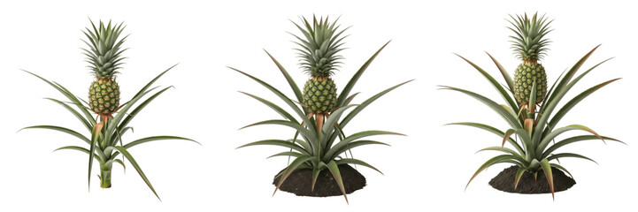 Fototapeta premium Set of Fresh Pineapple Plants with Ripe Fruit Growing in Soil Isolated on White Background PNG