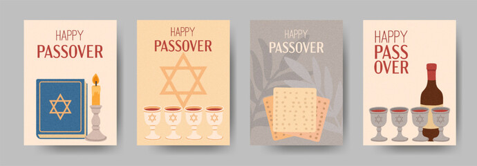 Happy Passover greeting cards set with matzah, wine cups, candle and Star of David. Minimal flat design for Jewish holiday invitations and social media © Helen