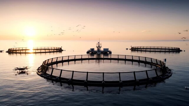 Drone's eye view of a sustainable offshore fish farm with circular cages and drones at sunset. Modern aquaculture.