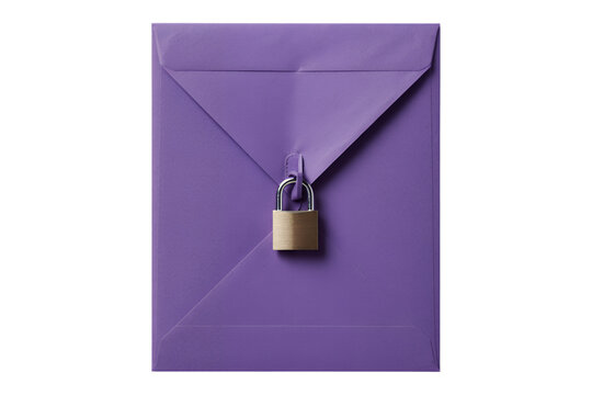 Purple envelope with locked padlock security isolated on a transparent background