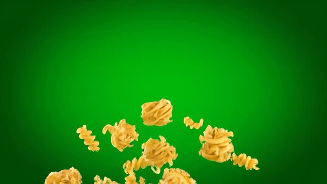 Dry pasta shapes falling and rising on a vibrant green background. Ideal for food content.