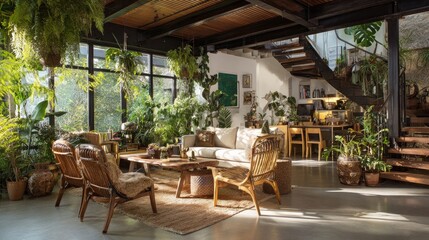 Obraz premium Chic living space features wood furniture and lovely plants.