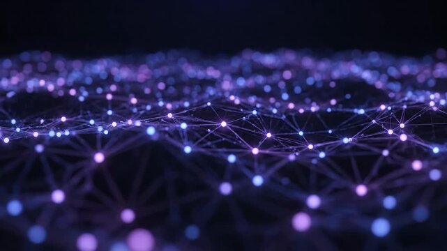 Dynamic abstract background featuring glowing purple and blue dots connecting to form an intricate network. Ideal for technology and science visuals.