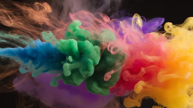 Dynamic abstract background of vibrant colorful ink swirling and diffusing in water, creating mesmerizing fluid art.