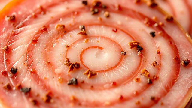 yanked. Close-up of a mortadella slice showing its marbled pattern of meat and fat. menu design, packaging mockups, designed for food delivery and cloud-kitchen brand materials, used by hr managers.