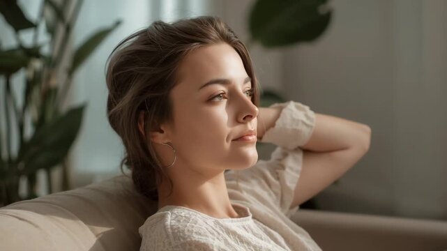 Reclining woman closing then opening eyes and turning head on sofa, following window light, plant
