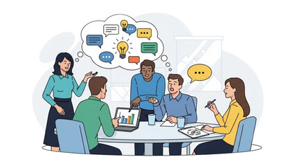 Diverse team collaborating around table with laptops and speech bubbles overhead in a modern office setting from an aerial viewpoint
