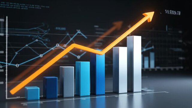 Dynamic animation of a bar graph with an orange arrow indicating increasing financial success and market growth. This visual represents positive business trends and economic improvement.