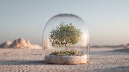 Sapling Under Glass Dome in Desert Showcasing Preservation of New Life in Harsh Conditions With a Focus on Growth and Hope