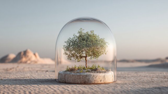 Sapling Under Glass Dome in Desert Showcasing Preservation of New Life in Harsh Conditions With a Focus on Growth and Hope