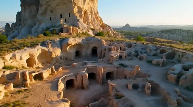 Cappadocia Ancient Cave Dwellings Rock Formations Fairy Chimneys Sunset 4K HD Ultra Video