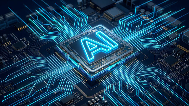 Artificial intelligence processor chip on futuristic motherboard with glowing digital circuits, advanced AI semiconductor technology concept