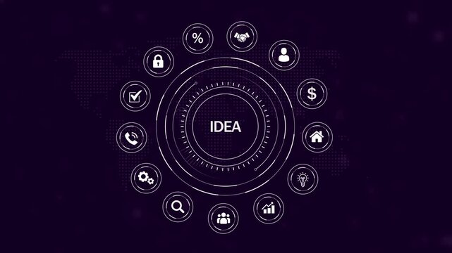 Idea concept with circular infographic of white representing business communication finance and ideas on a dark purple background with map pattern