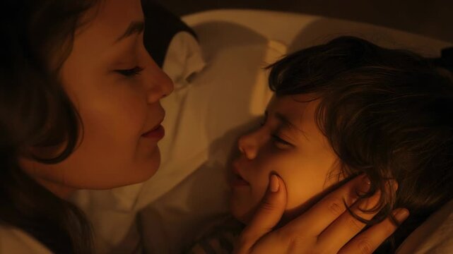 Leaning caregiver cupping child's cheek and whispering soothing words at bedside with striped pjs