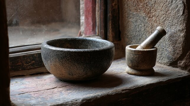 Smooth stone bowl and pounder sit on a house window ledge.
