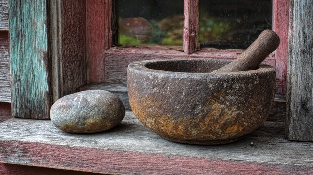 Smooth stone bowl and pounder sit on a house window ledge.