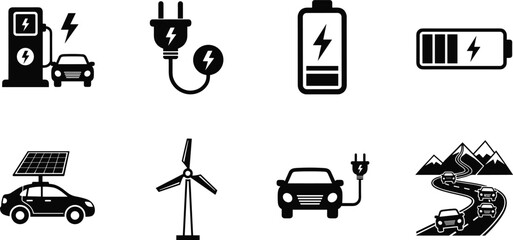Fototapeta premium Electric vehicle charging station icons featuring solar power car battery wind turbine electric plug and mountain road silhouettes for sustainability