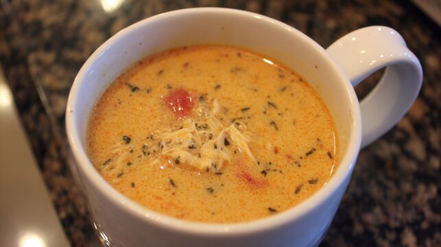 A steaming bowl of rich and creamy salmon chowder filled with hearty ingredients and herbs, a delicious and comforting seafood meal.