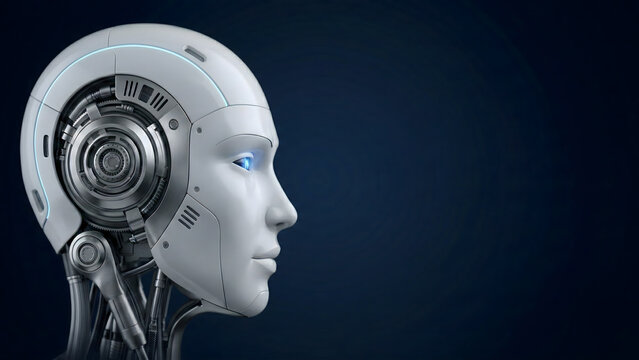 Close up profile of humanoid robot head with glowing eye, artificial intelligence and advanced robotics concept