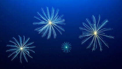 Fototapeta premium Abstract blue background with glowing dandelion-like shapes, creating a dreamy and ethereal atmosphere.