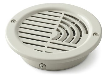 A white circular vent cover with a spiral pattern and two screws attached