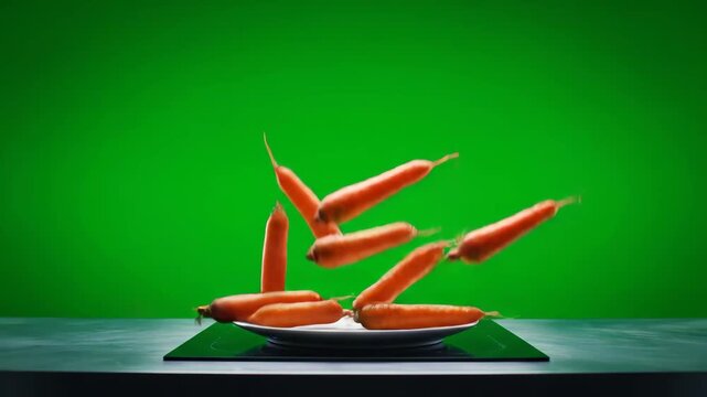 Fresh carrots fall onto an induction cooktop, then into a pan, and finally onto a plate. Ideal for culinary and healthy eating themes.