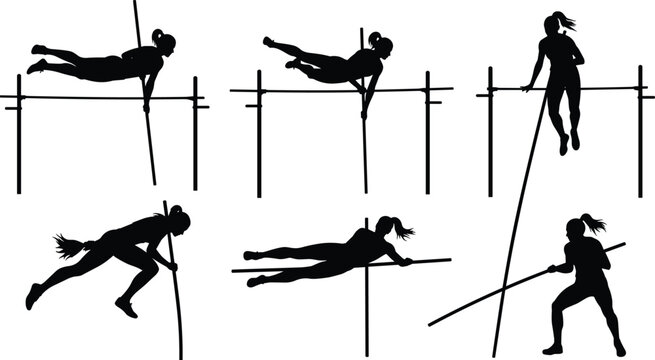 Female Athlete Pole Vault Silhouette Vector Set Performing High Jump Over Bar Track and Field Sports Competition Icons Isolated on White