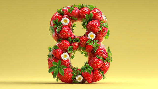 Decorative number eight made of strawberries and flowers. Perfect for summer campaigns, food branding, and festive seasonal promotions.