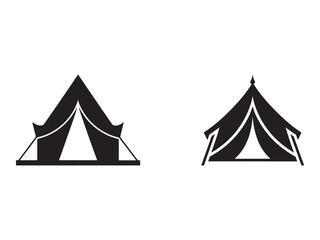 Two black tent icons in different styles isolated on white background for camping and outdoor activities