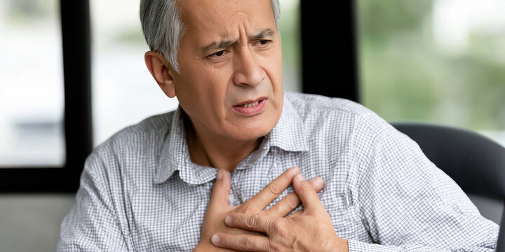 Senior man suffering from a sudden heart attack, collapsing with acute chest pain, needing urgent medical attention