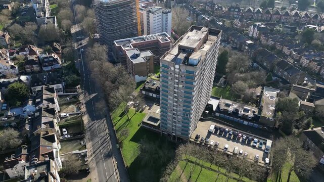 An aerial view captures Windmill Court on Shoot Up Hill in Kilburn, London, documenting local residential density and urban landscape.