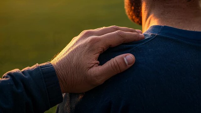 Placing friend's cuffed forearm calming near beard, fingers adjusting on blue shirt in grassy field