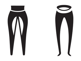 Two black yoga pants with white stripes on waist isolated on white background  front and back views