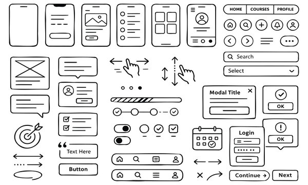 UI Elements Hand Drawn Wireframe Set for Mobile App Design and UX Flowcharts