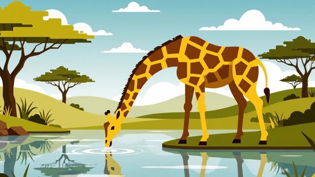 Giraffe Drinking Water in African Savannah Landscape.