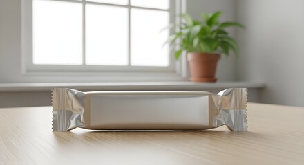 Fototapeta premium Unwrapped silver foil snack bar on wooden table by window with green plant