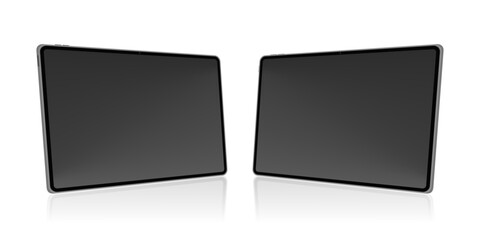 Black Tablet Computer Mockup Set Left and Right Perspective View. Realistic Digital Device Vector Illustration
