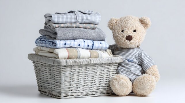 Baby clothes and a cuddly toy sit in a laundry basket on a plain white background.