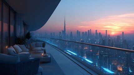 Fototapeta premium Breathtaking view from an ultra-luxury penthouse balcony with sleek glass railings, overlooking a glowing futuristic cyberpunk city skyline.