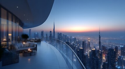 Fototapeta premium Breathtaking view from an ultra-luxury penthouse balcony with sleek glass railings, overlooking a glowing futuristic cyberpunk city skyline.